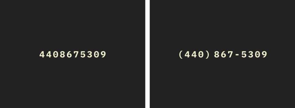 Two example numbers side by side, one a single unbroken string of ten digits, the other with parentheses around the first three digits, and a dash after the second three digits (resembling a phone number much like Jenny's from Tommy Tutone's classic song).