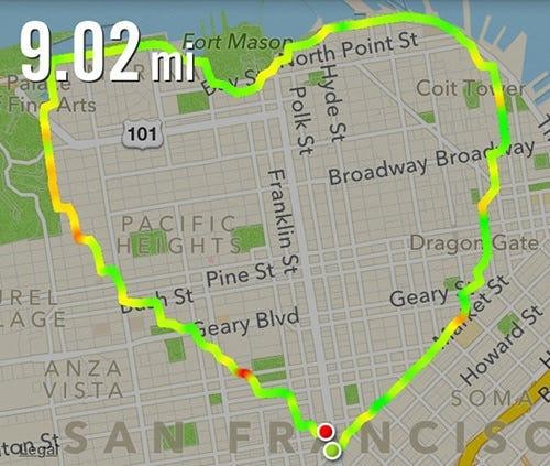 A running map in New York where the path of 9.02 miles is in the shape of a heart.