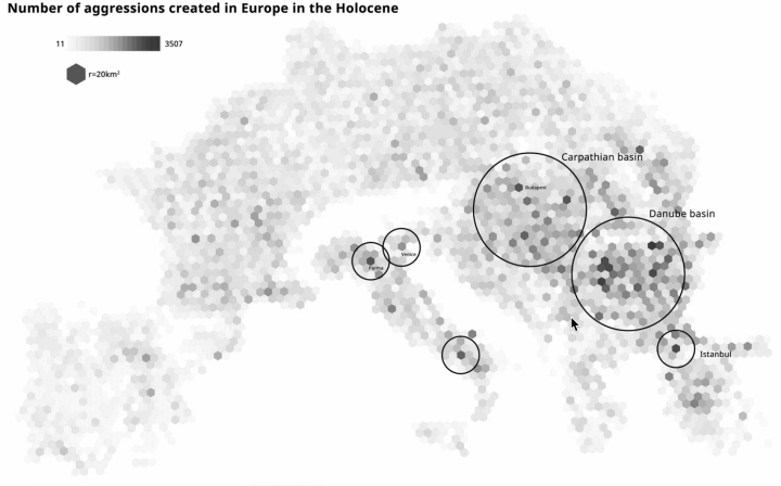 A low-poly map of Europe consisting of small hexagons colored various shades of grey.