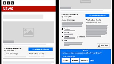 Illustration of how content credentials are displayed on the BBC News website.