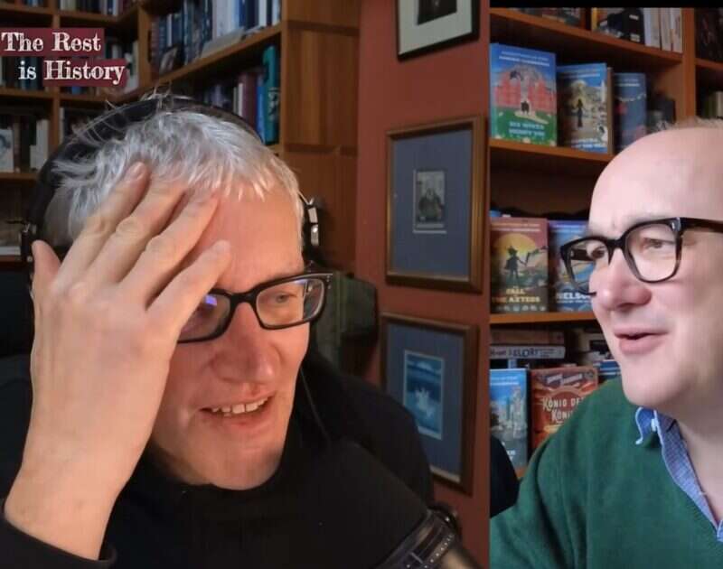 Live video screenshot of The Rest Is History presenters Tom Holland and Dominic Sandbrook