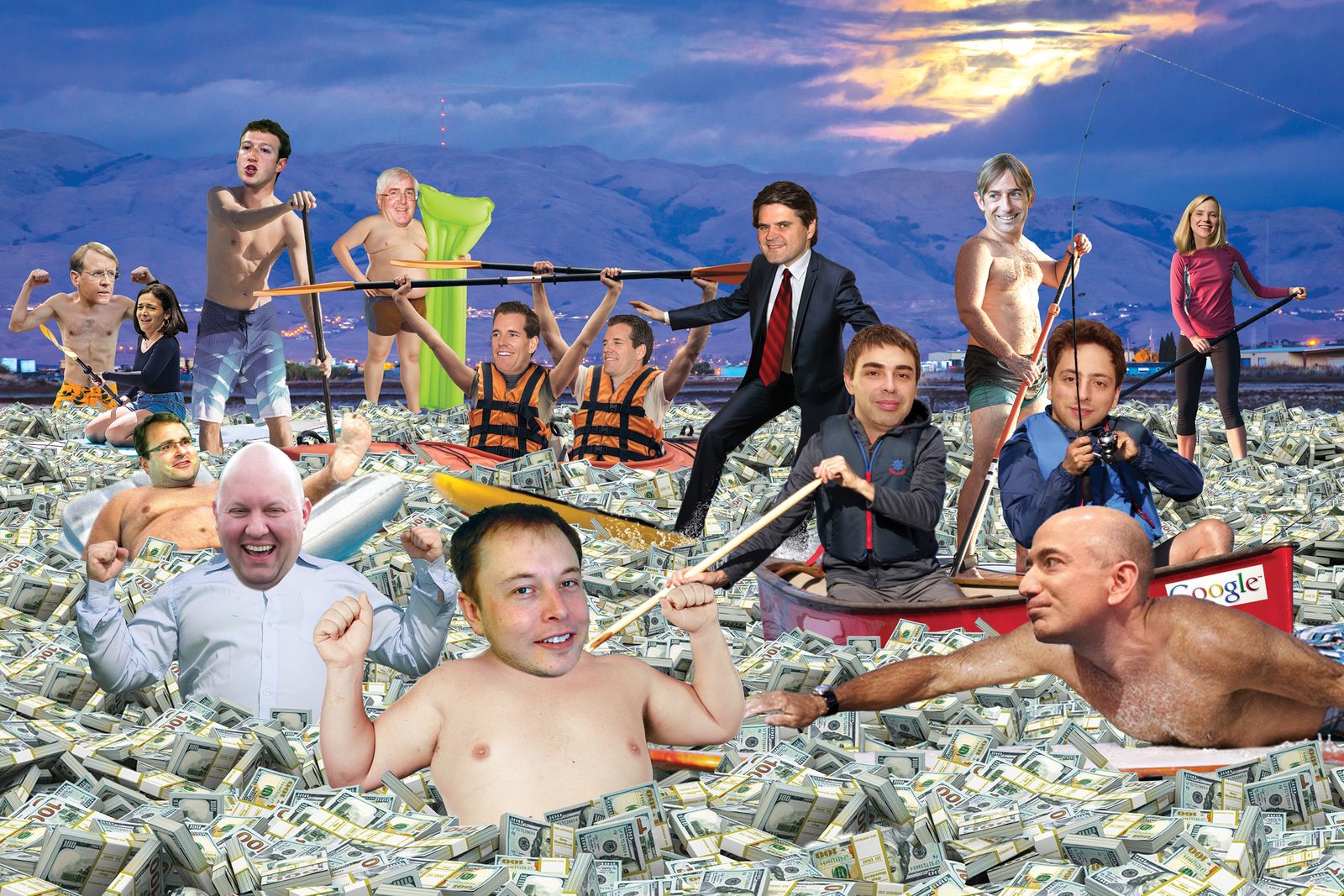 A bunch of tech icons of the internet era swimming in cash