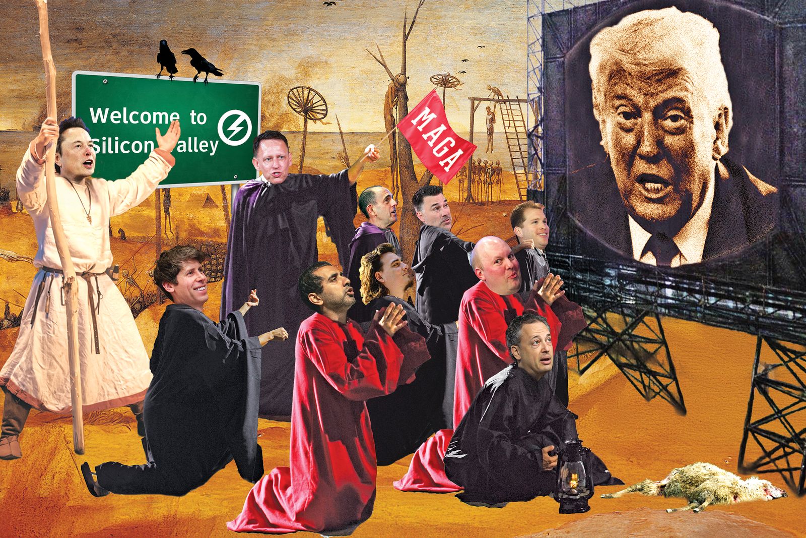 Modern day tech leaders praying to President Trump in a wasteland